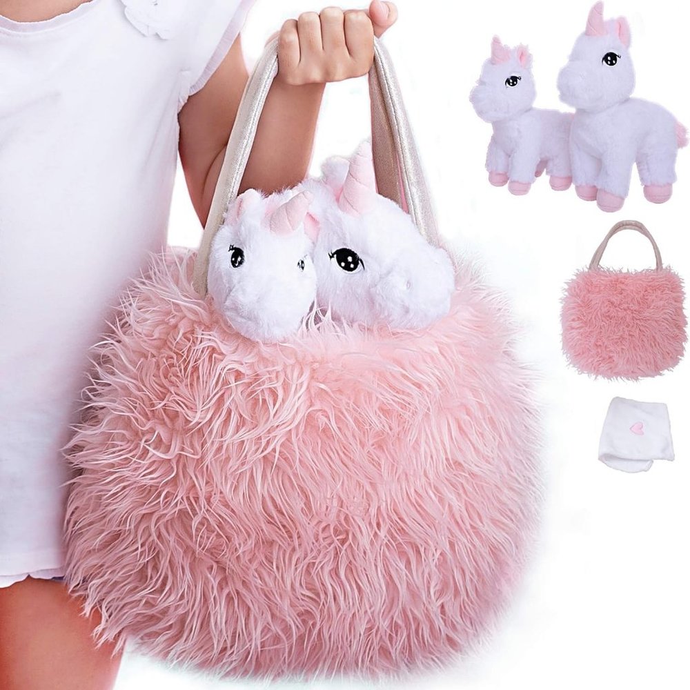 10. 4 PCS Set Pink Unicorn Mommy and Baby Stuffed Animals Bag and Doll Blanket.
